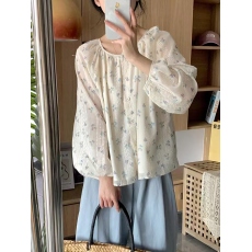 批发法式甜美泡泡袖碎花雪纺衬衫女2026夏季新款温柔风<b class='q'>蕾丝</b><b class='q'>刺绣</b>防晒衫