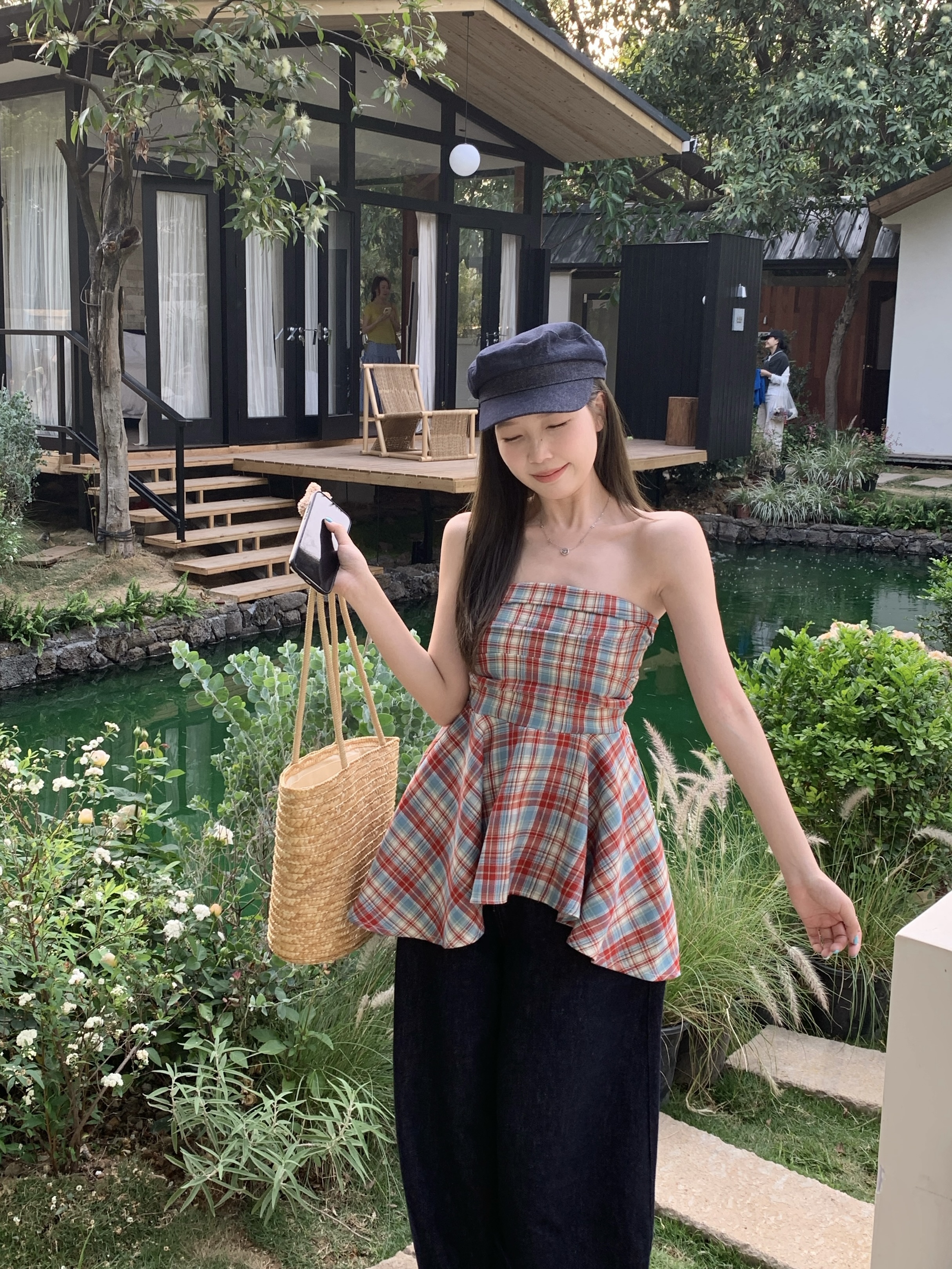 MY8286# 大码胖MM夏季新款设计感撞色格子上衣不规则修身显瘦抹胸女裝貨源服裝批發