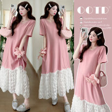 批发实拍法式粉色夏2026年新款温柔风绝美花边孕妇长裙