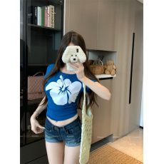 批发实拍实价 上衣女新<b class='q'>款</b>小众ins夏印花短袖撞色修身短<b class='q'>款</b>打底T恤
