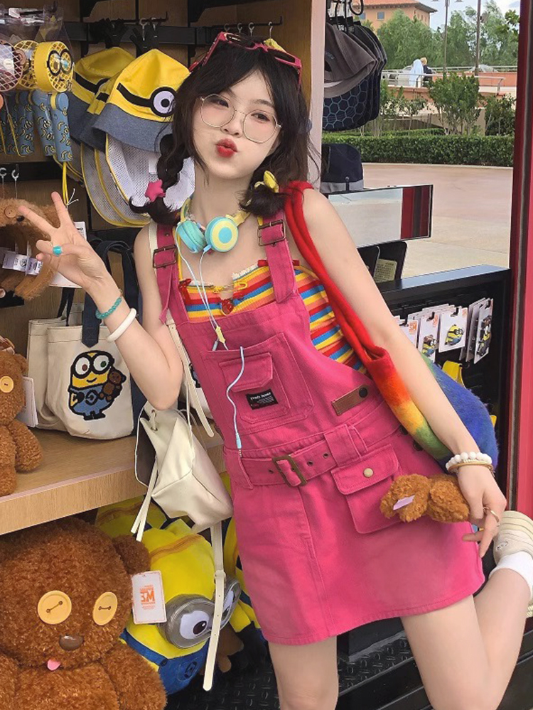 FA26317# 甜系背带裙女夏小个子显瘦宽松百搭多巴胺火龙果工装腰带牛仔短裙