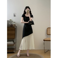 批发实拍大码女装2026夏季新款法式赫本风<b class='q'>复古</b>拼接显瘦洋气连衣<b class='q'>长裙</b>