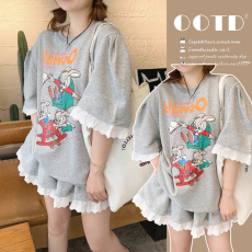 小香风洋气蕾丝花边卡通印花T恤短裤简约气质个性孕妇两件套