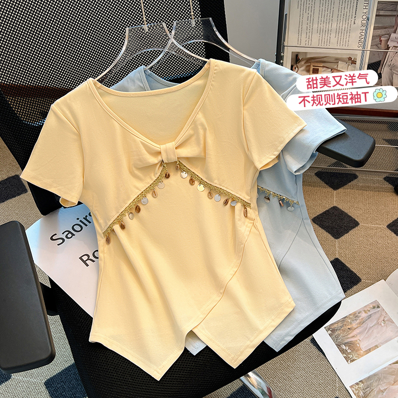 FA24087# 法式小众时尚扭结亮片设计感短袖t恤女夏季纯欲不规则显瘦上衣潮