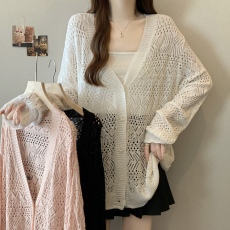 批发实拍~大码夏新款V领镂空薄款罩衫胖mm<b class='q'>宽松</b>显瘦针织开衫外套