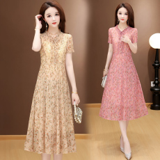 批发实拍 2026 夏季新款短袖网纱连衣裙收腰显瘦洋气中长款裙子
