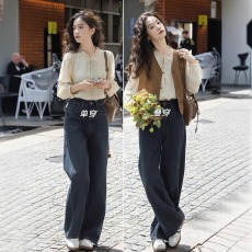 批发春季穿搭一整套<b class='q'>大码</b>胖mm衬衫叠穿马甲牛仔裤子复古高级三件套装女