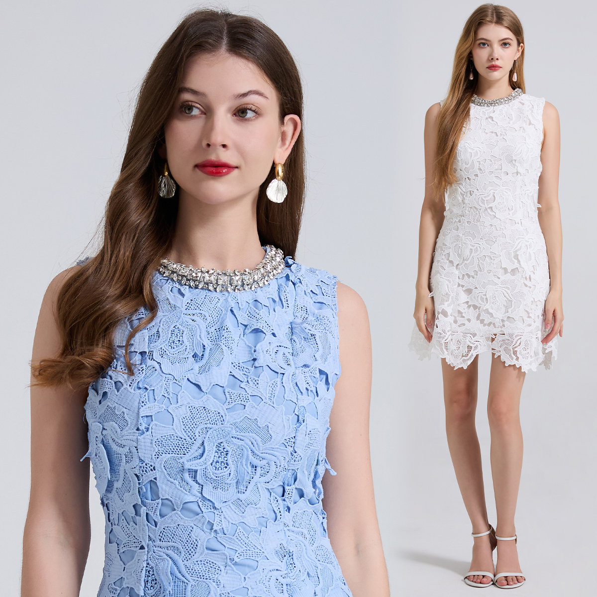 RY1590# 实拍  高档立体花朵镂空蕾丝气质手工钉珠圆领修身连衣裙