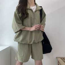 批发已出货 <b class='q'>大码</b>拉链短袖女装两件套学生夏季韩版<b class='q'>运动服</b>套装宽松高领