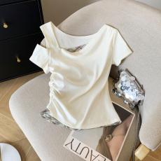 批发实拍 设计感小众简约气质<b class='q'>露肩</b>撞色格子拼接短袖T恤女<b class='q'>上衣</b>洋气