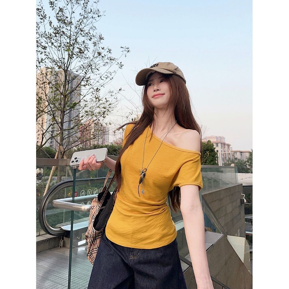 있음 선적 양면 주름 주름 면 한 부서 비스듬한 어깨 반팔 티셔츠 여성 여름 보라색 허리 수축 몸매 가꾸기 오프숄더 맨위