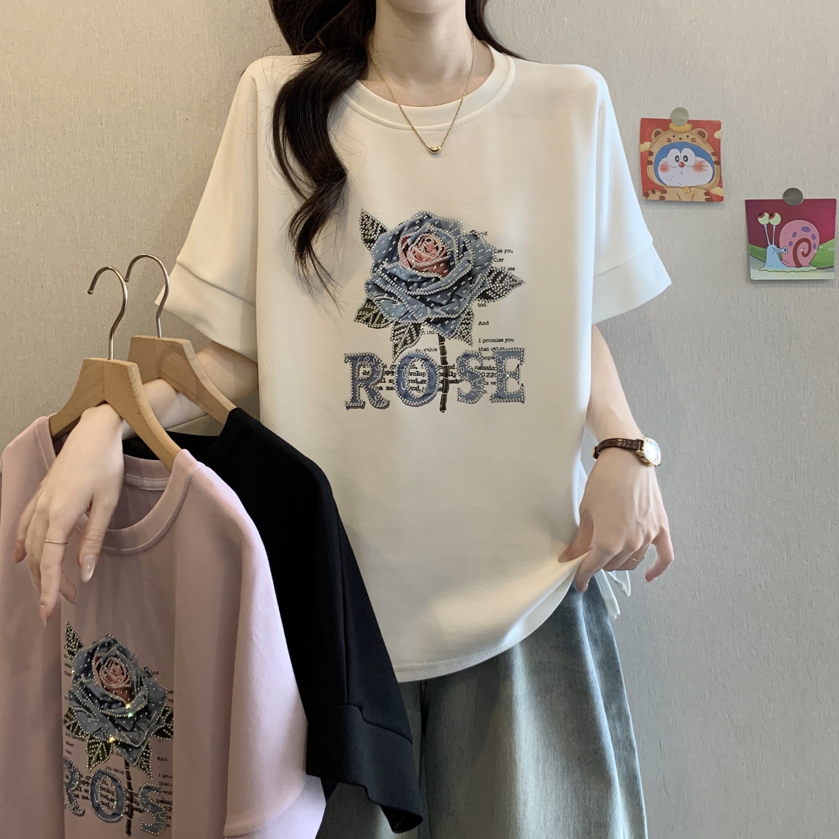 FA20176# 大码正肩女t恤短袖夏季女装新款vintage高级感胖mm宽松遮肚子上衣 服裝批發女裝批發服飾貨源