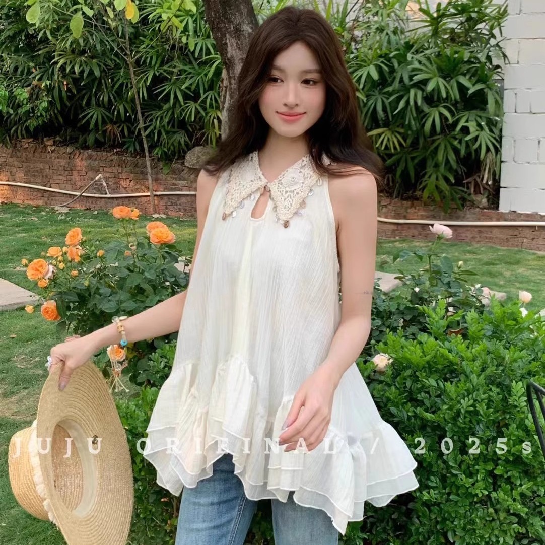 FA20339# 仙女森系甜美轻纱无袖上衣夏季新款设计感娃娃领荷叶边上衣女 服裝批發女裝批發服飾貨源