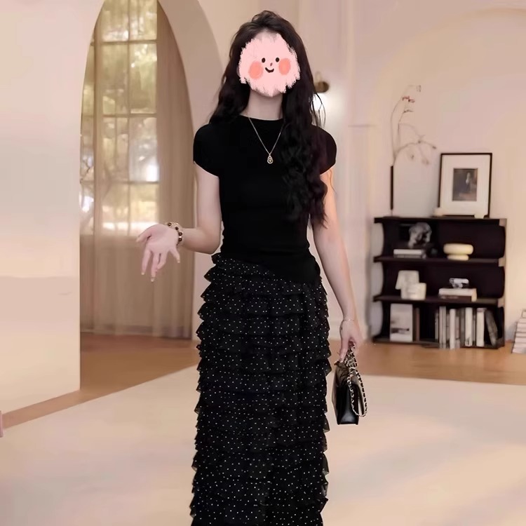 여름 드레스 착용 가져 가라. 전체 집합 빅 사이즈 지방 mm 검정색 맨위 도트 무늬 케이크 반신 치마 품격 연령 감소 세트 여성