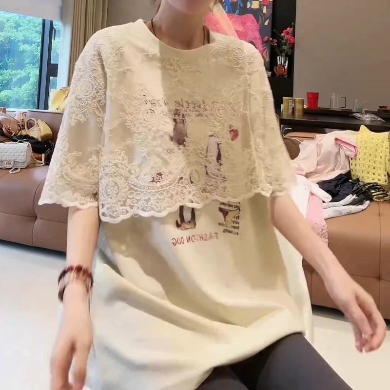 FA36152# 欧货时尚设计感重工假两件蕾丝斗篷披肩拼接印花短袖T恤女上衣潮  服裝批發女裝批發服飾貨源
