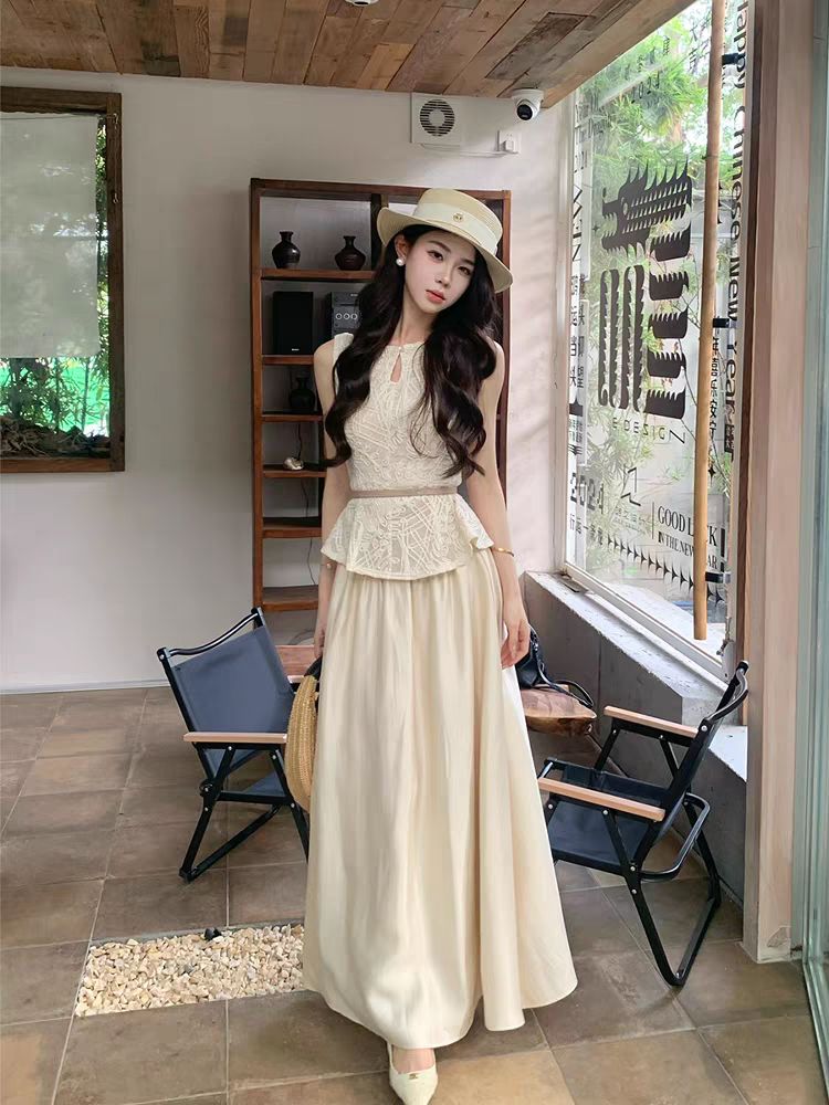 FA25500# 木子李的李锦绣华章法式轻奢蕾丝无袖上衣显瘦半身裙套装 服裝批發女裝批發服飾貨源