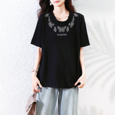 批发<b class='q'>实拍</b> 时尚重工刺绣黑色短袖T恤女春夏新款气质小衫欧货<b class='q'>大码</b>上衣