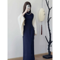 批发安禾长款藏蓝色旗袍新中式复古年轻款少女<b class='q'>波点</b><b class='q'>连衣裙</b>日常可穿