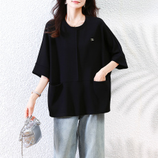 批发实拍 休闲黑色五分<b class='q'>袖</b>亲肤T恤女春夏新款宽松小衫欧洲站大码<b class='q'>上衣</b>
