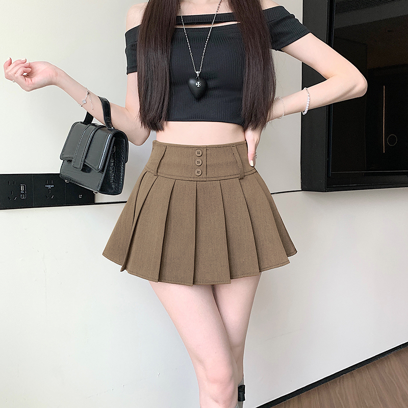 FA19846# 西装半身裙女夏季新款小个子排扣高腰显瘦a字百褶短裙 服裝批發女裝批發服飾貨源
