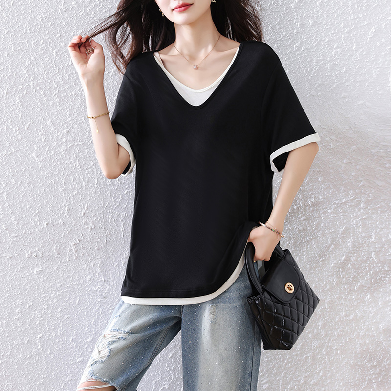 캐주얼 패션 페이크 레이어드 검정색 반팔 티셔츠 여성 2026 년 봄 여름 새로운 유럽 역 빅 사이즈 몸매 가꾸기 맨위