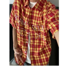 批发原版质量钉珠 美式复古高街钉珠格子短袖衬衫男潮牌情侣宽松衬衣