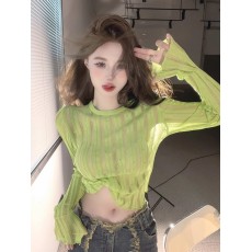 批发纯欲甜辣妹薄款<b class='q'>镂空</b>冰丝针织防晒罩衫上衣女设计感小众长袖t恤夏