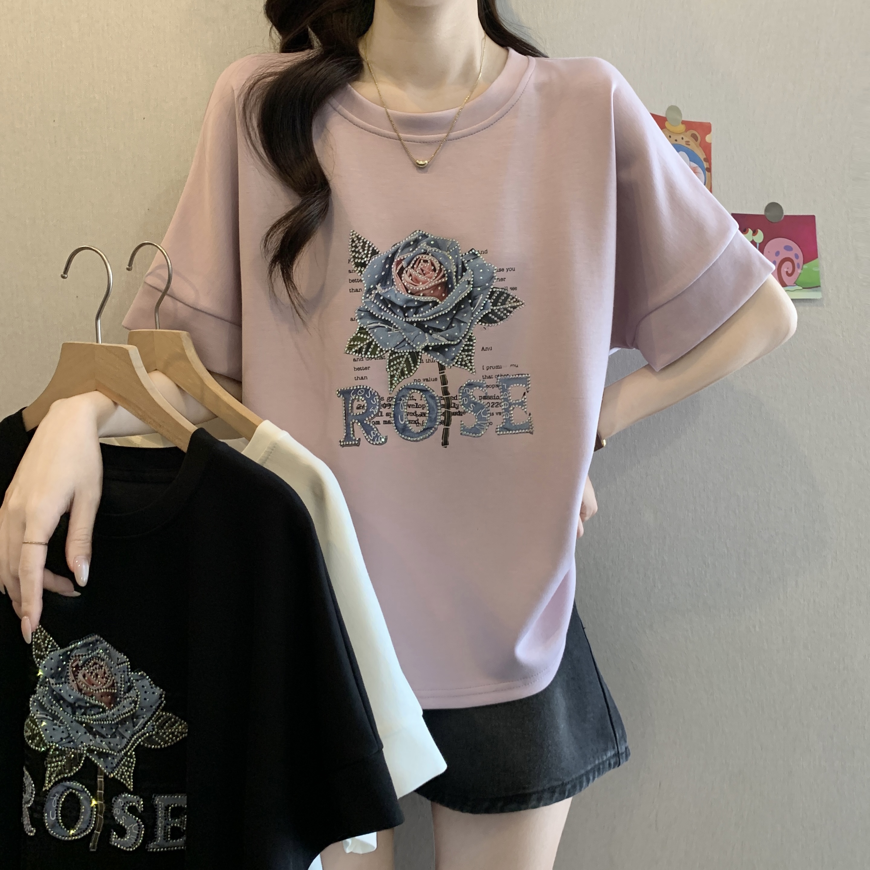 FA20173# 大码正肩女t恤短袖夏季女装新款vintage高级感胖mm宽松遮肚子上衣 服裝批發女裝批發服飾貨源