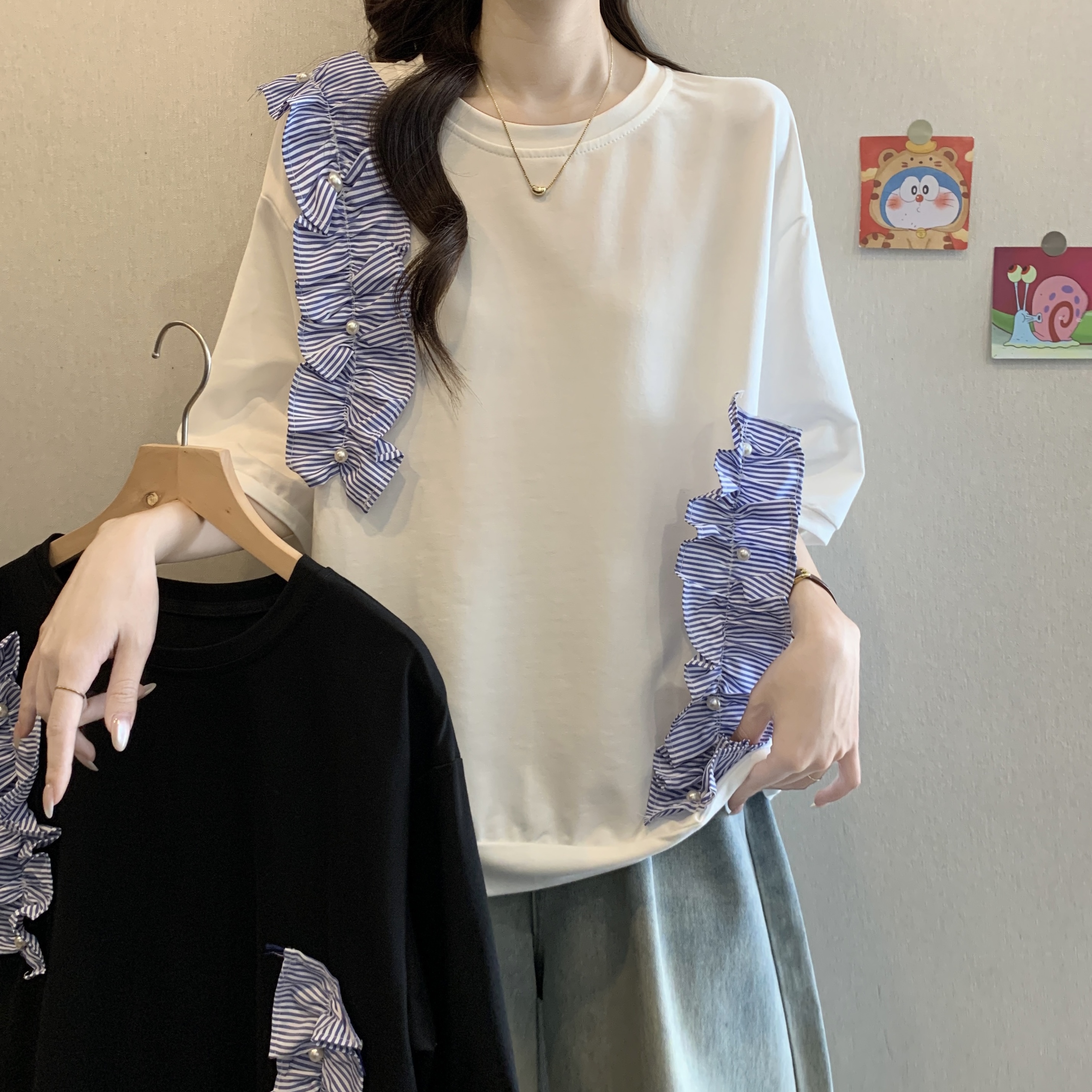 FA20172# 木耳边短袖T恤夏季新款大码女装宽松遮肚半袖上衣 服裝批發女裝批發服飾貨源