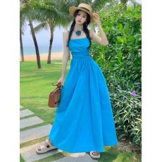 批发湖蓝色抹胸<b class='q'>吊带</b>连衣裙女夏季亮色泰式海边度假沙滩长裙