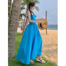 批发湖蓝色抹胸吊带连衣裙女夏季亮色泰式海边度假沙滩<b class='q'>长裙</b>