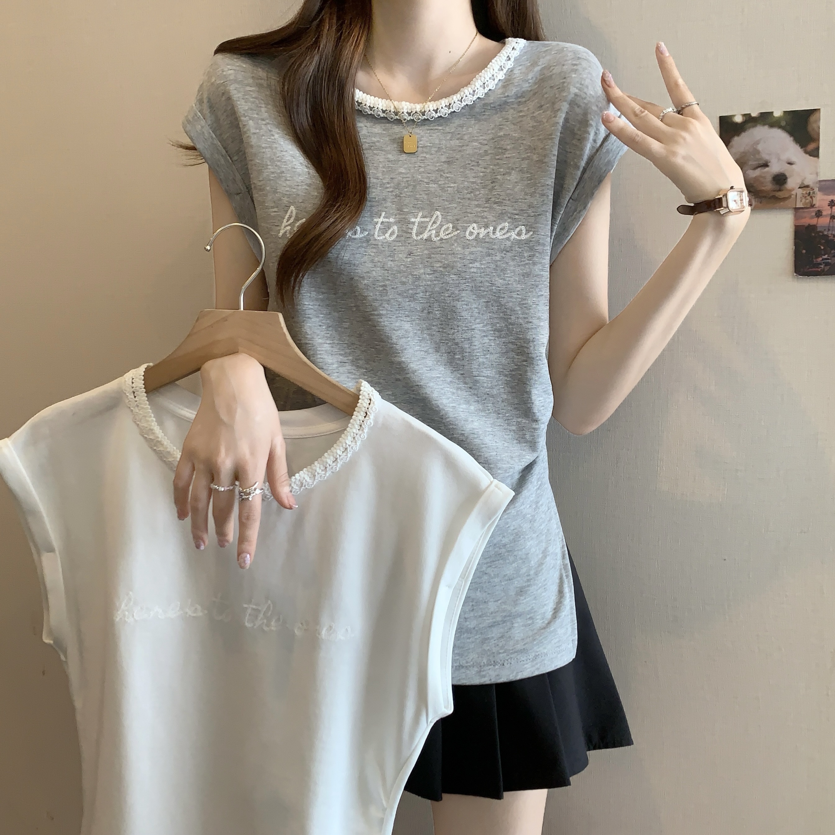 FA34400# 大码女装字母印花休闲短袖T恤女夏季新款显瘦百搭花边领上衣 服裝批發女裝批發服飾貨源