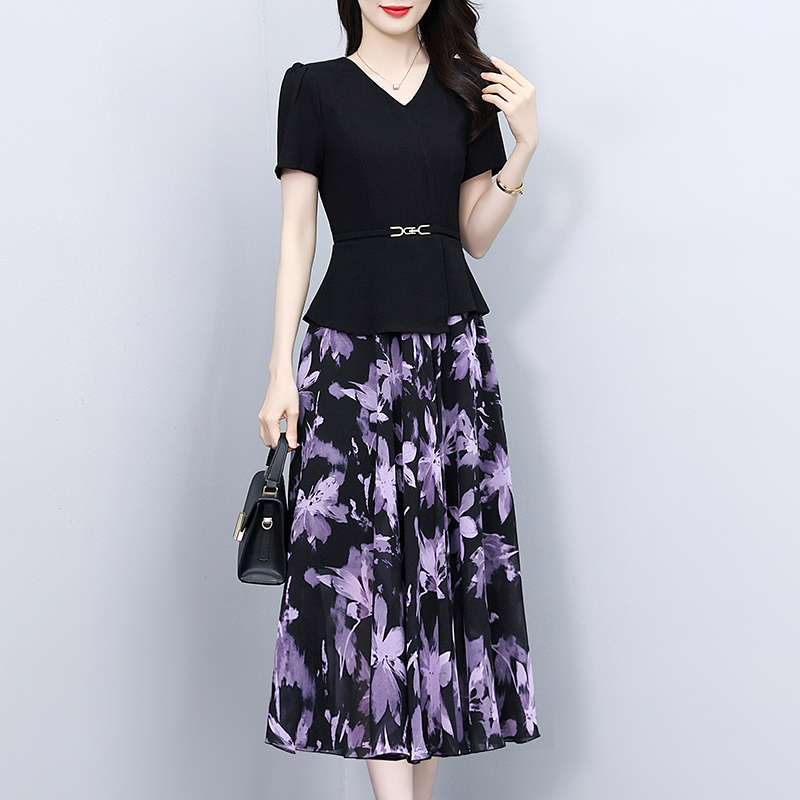 MY8113# 黑色假两件长款碎花连衣裙夏季拼接轻奢时尚修身显瘦长裙女裝貨...