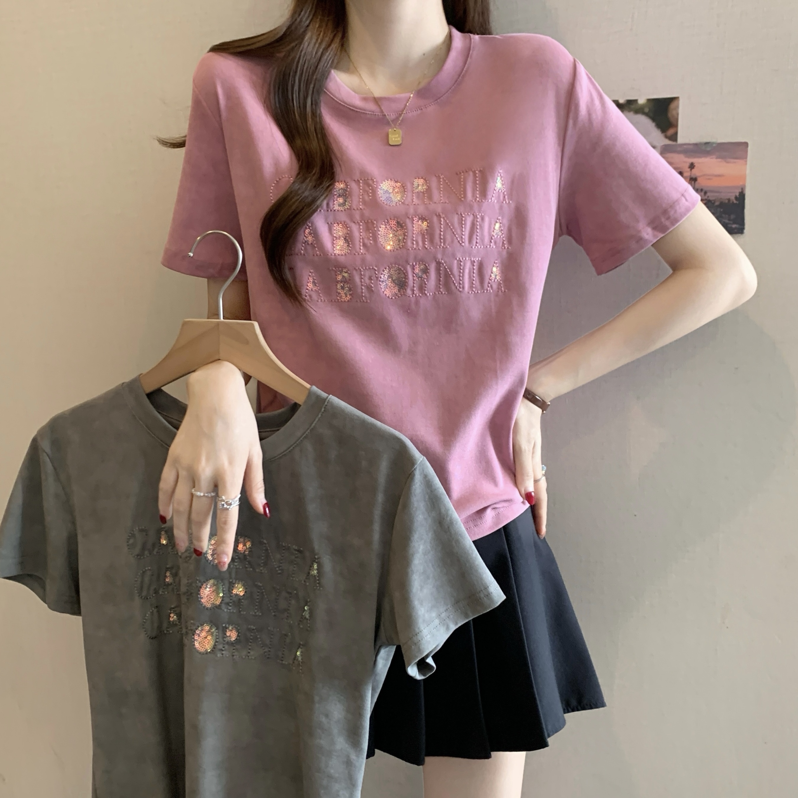 FA34399# 大码女装重工烫钻短袖T恤女夏季新款设计感百搭亮片上衣 服裝批發女裝批發服飾貨源