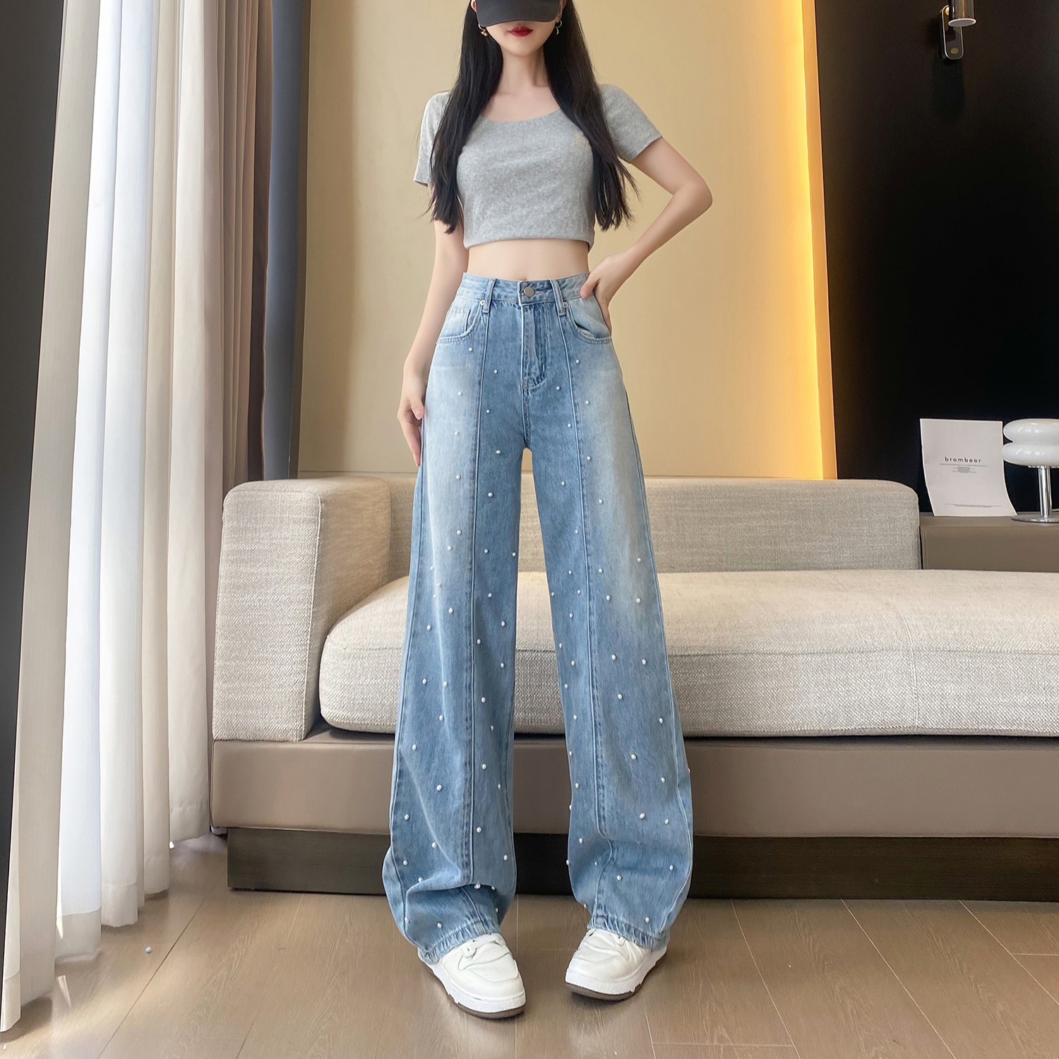 FA26009# 春夏新款设计师时尚休闲百搭通勤磨白钉珠牛仔裤 服裝批發女裝批發服飾貨源
