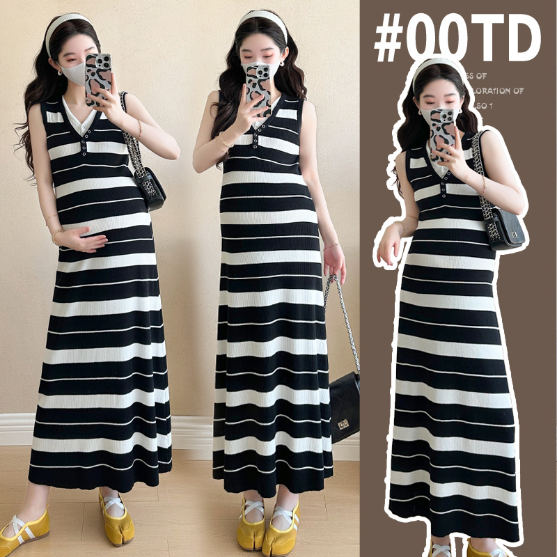 실사 새로운 임산부 여름 드레스 스트라이프 니트 임산부 조끼 스커트 한국 스타일 임산부 드레스 출산 착용