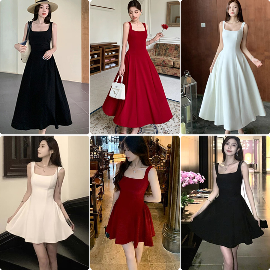 FA21197# 从一时刻红色U领吊带连衣裙女新款法式小众高级感a摆裙服裝批發女裝批發服飾貨源