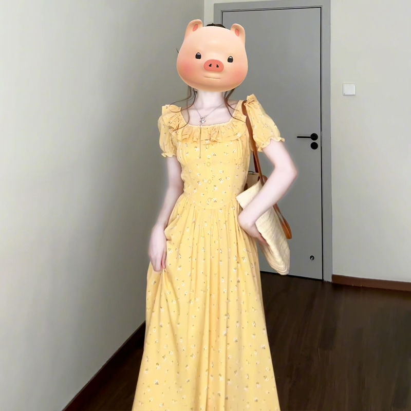 MY8420# 夏季新款法式复古泡泡袖碎花连衣裙子女气质收腰绝美a字长裙女裝貨源服裝批發