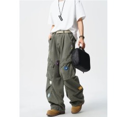 批发<b class='q'>日系</b><b class='q'>复古</b>多口袋直筒工装裤男女美式宽松花刺绣伞兵裤