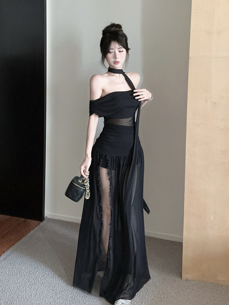 실사 정가 보트넥 행침 목 트임 망사 롱 스커트 세트