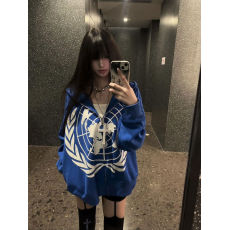 批发美式复古印花连帽<b class='q'>卫衣</b>女2025春季新款宽松慵懒休闲风拉链<b class='q'>开衫</b>外套