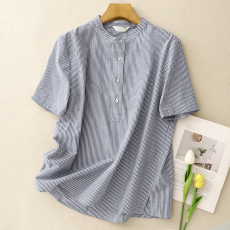 原创日系蓝白条纹衬衫女2025夏季新款文艺宽松纯棉短袖衬衣上衣夏
