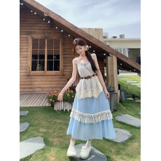 批发实拍实价~夏季新款度假风蓝色<b class='q'>连衣裙</b>+复古针织镂空背心