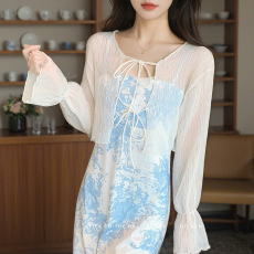 批发已出货 2026夏实拍大码 新款宽松<b class='q'>雪纺</b>短款系带<b class='q'>长袖</b>防晒衫