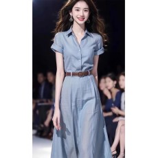 批发韩系通勤<b class='q'>休闲</b><b class='q'>连衣裙</b>女夏季长款高级感短袖收腰简约温柔气质衬衫裙