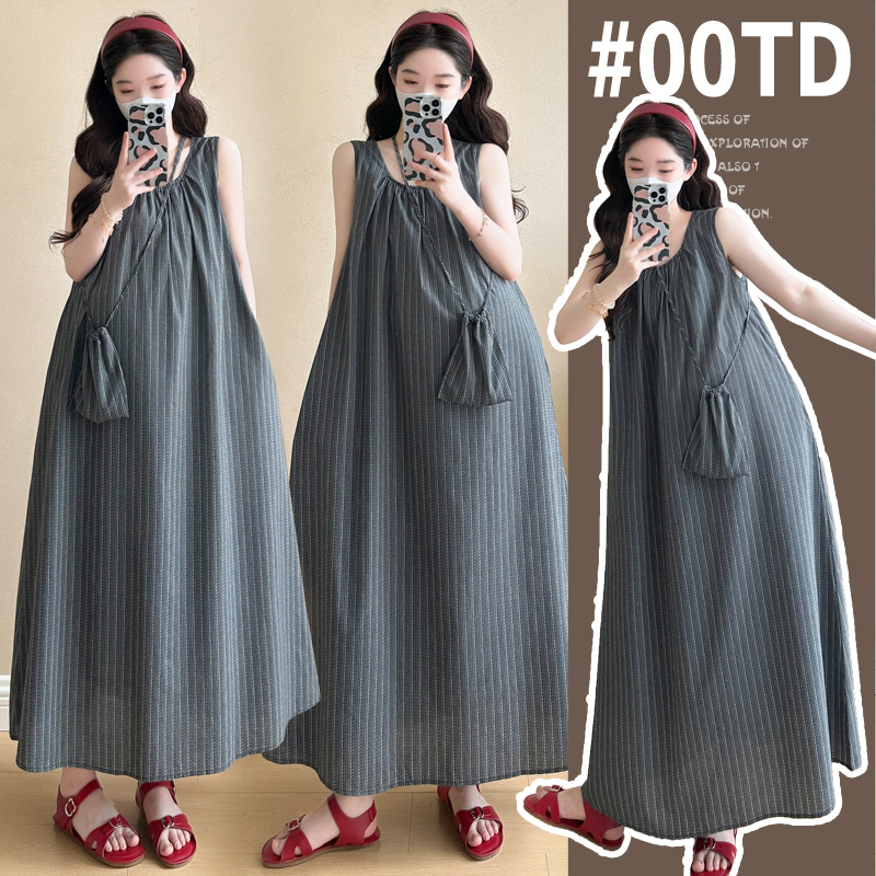 실사 새로운 출산 착용 순면 스트라이프 임산부 조끼 스커트 한국 스타일 느슨함 센스 빅 사이즈 임산부 드레스
