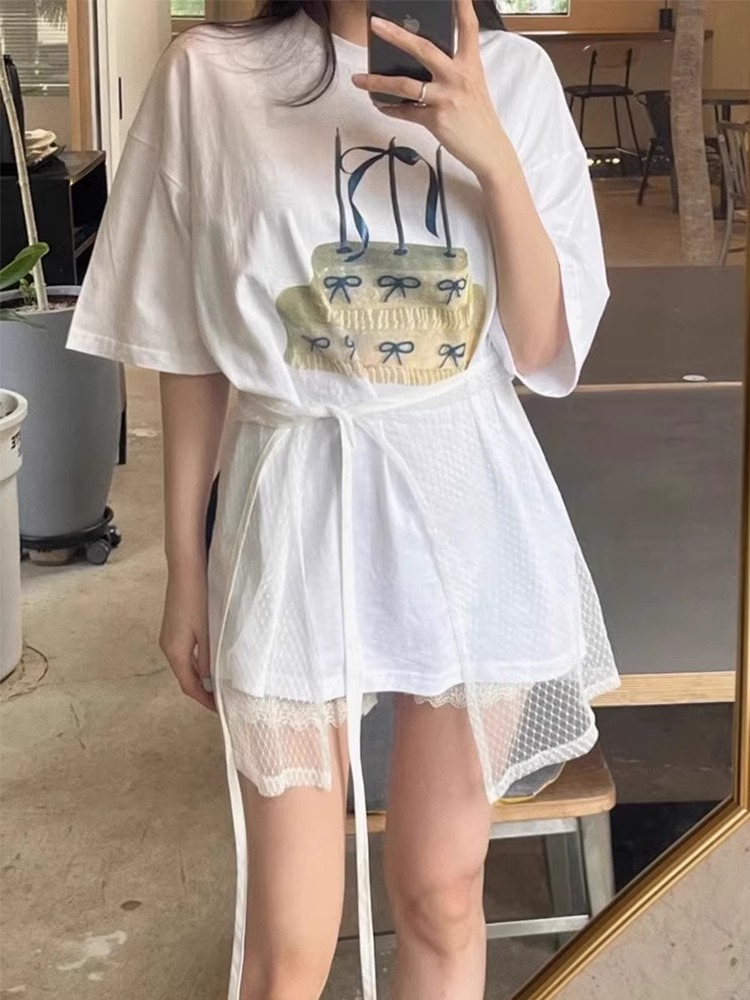 2025夏季21支纯棉210克100%棉蝴蝶结蛋糕印花短袖T恤女