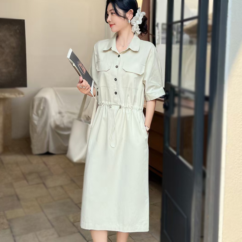 FA29660# 法式纯棉复古衬衫连衣裙女通勤夏季新款系带工装高级感气质减龄潮