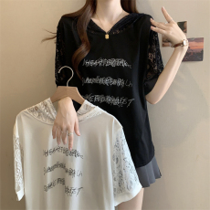 批发蕾丝拼接<b class='q'>个性</b>字母<b class='q'>t</b><b class='q'>恤</b>女2026夏季新款大码胖mm显瘦短袖连帽上衣