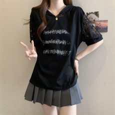 批发蕾丝拼接<b class='q'>个性</b>字母<b class='q'>t</b><b class='q'>恤</b>女2025夏季新款大码胖mm显瘦短袖连帽上衣